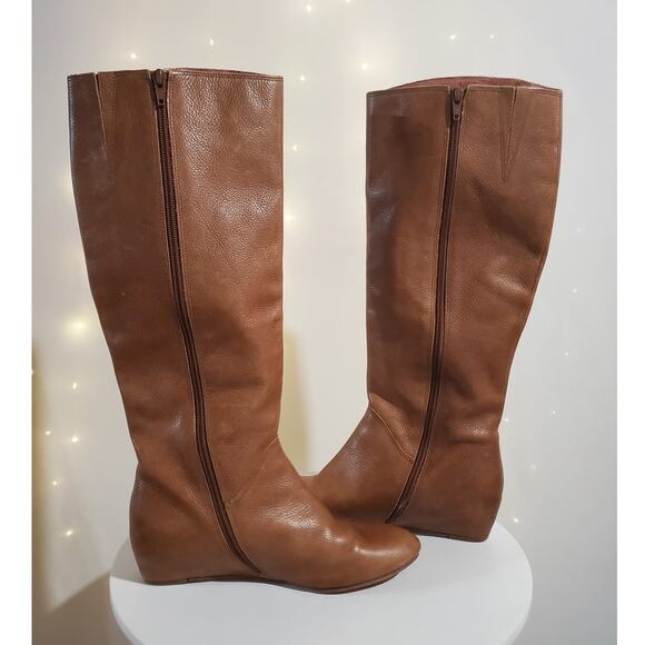 Corso Como Doyle Tall Leather Wedge Riding Boots Size 7 Tan Double Zip Knee High - Picture 4 of 9